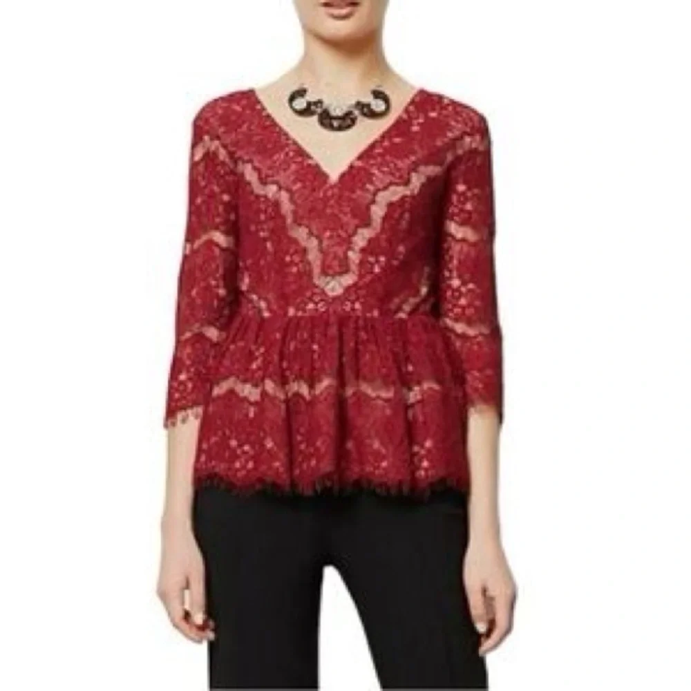 Anthropologie Maeve Lace Peplum Top Burgundy Large - Picture 3 of 7
